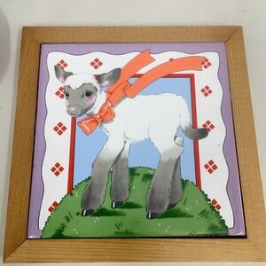 Vtg Vandor Ceramic Tile Wood Trivet Wall Plaque Hotplate Lamb Sheep 1982 Farm